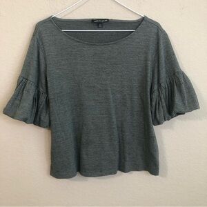 Cable & Gauge Top Puffy Bubble Short Sleeve Wide Crew Neck Slate Green Grey